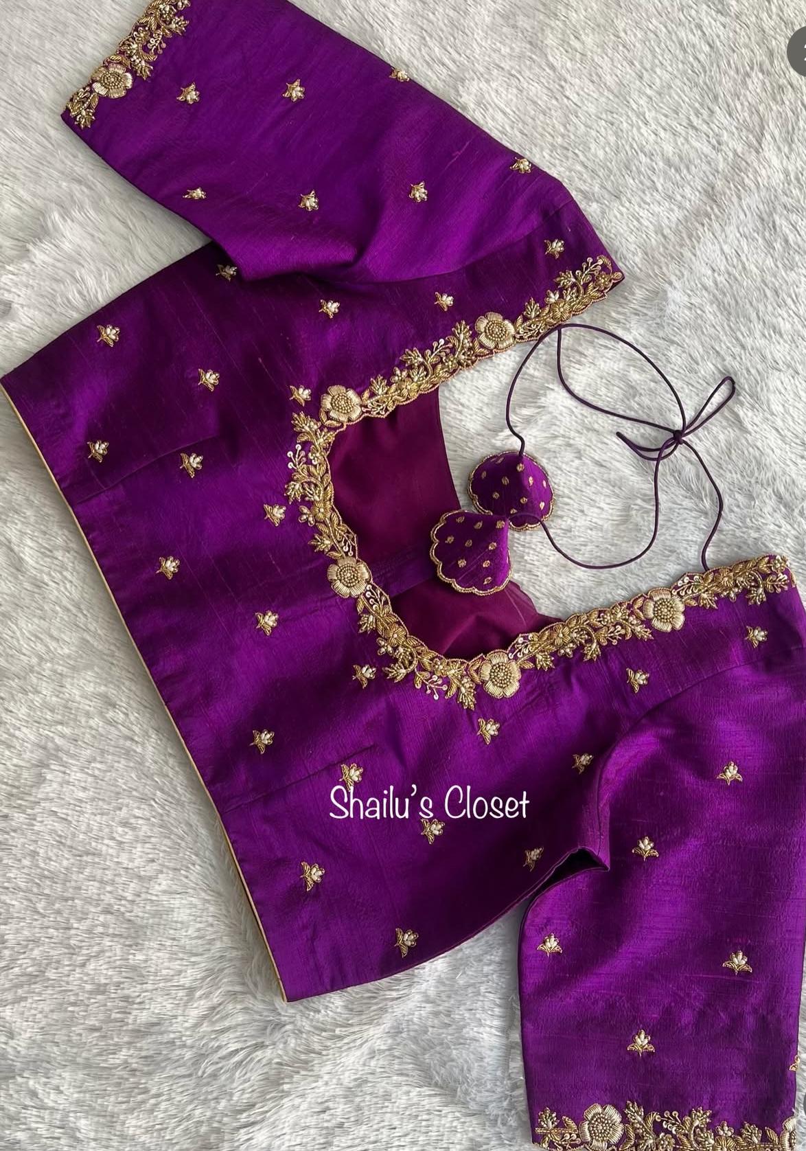 Elegant purple blouse featuring minimal maggam embroidery, perfect for festive and traditional sarees.