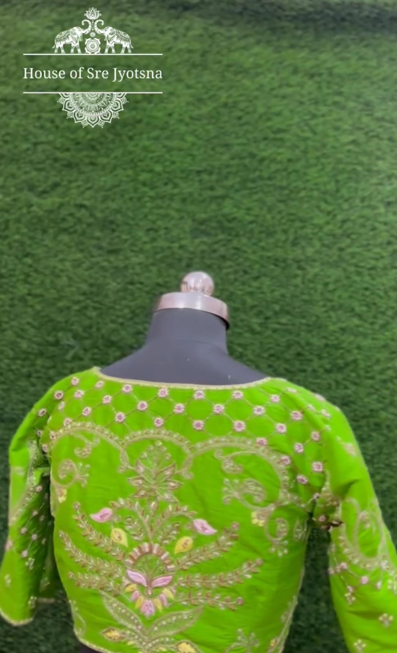Green bridal blouse with floral maggam work back design