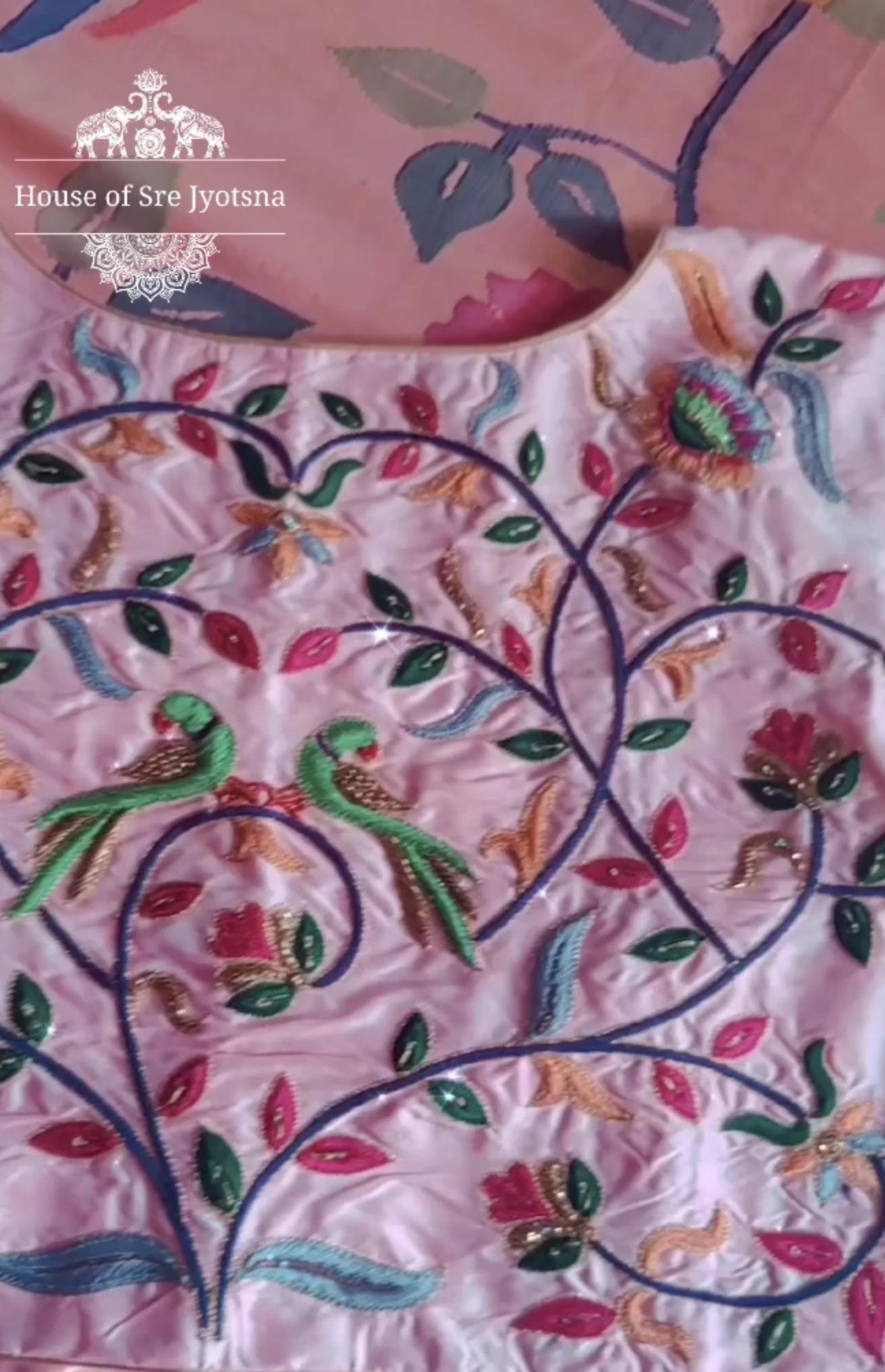 Pink blouse with colorful floral maggam work embroidery