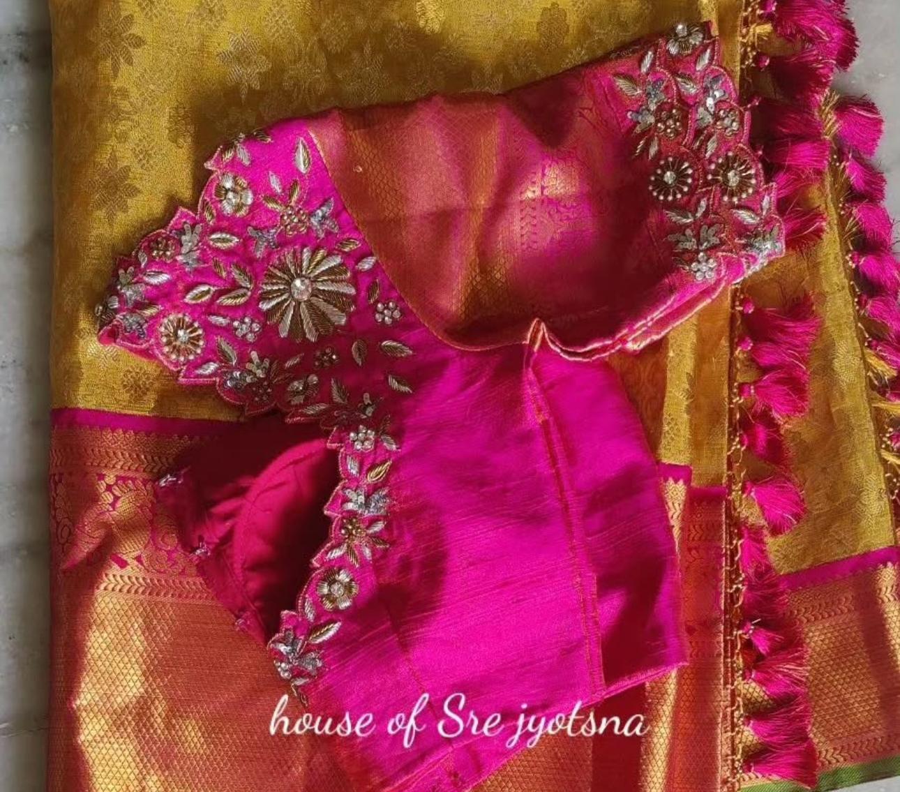 Pink blouse sleeve with elegant maggam work embroidery