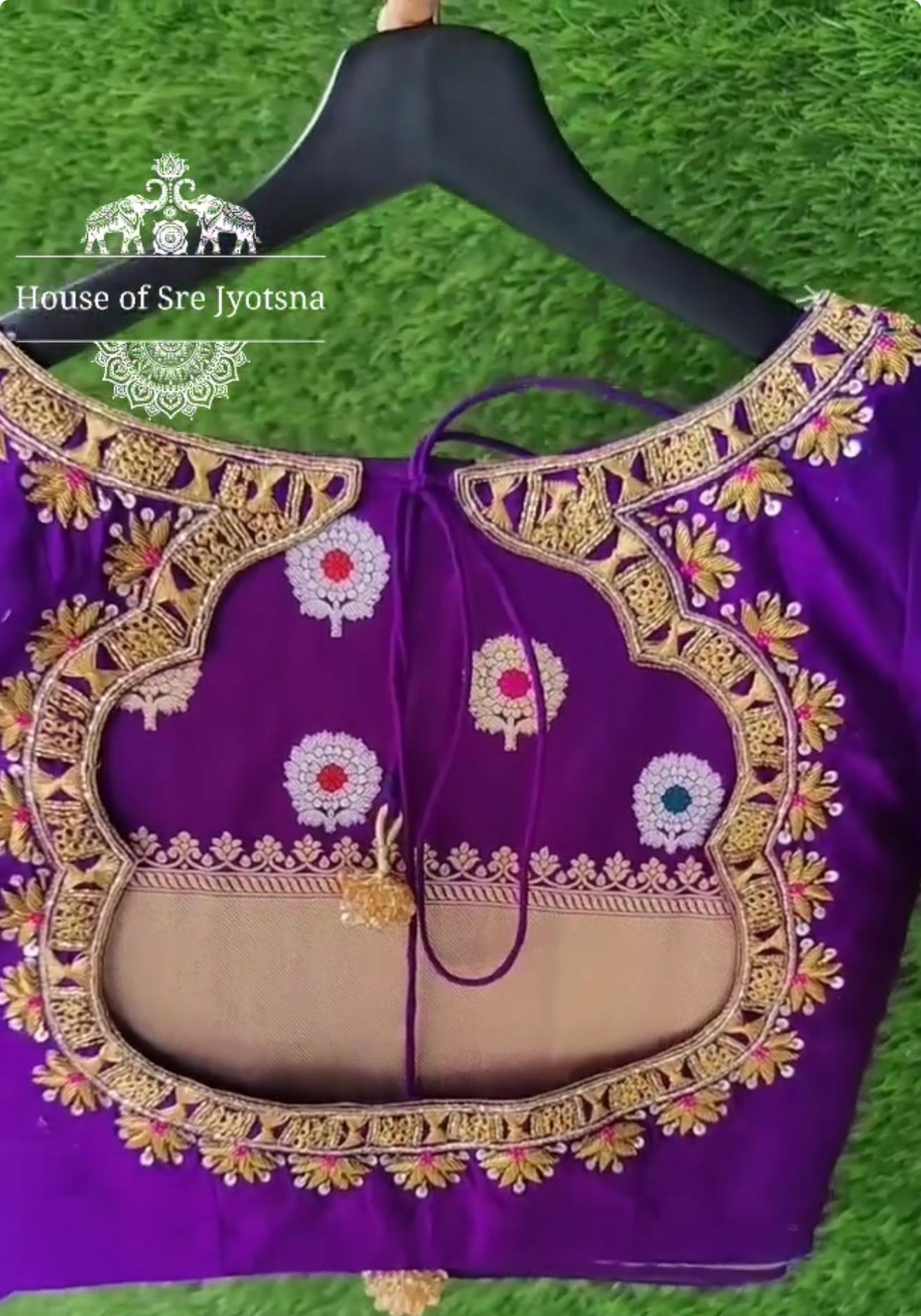 Purple bridal blouse with floral maggam work back design