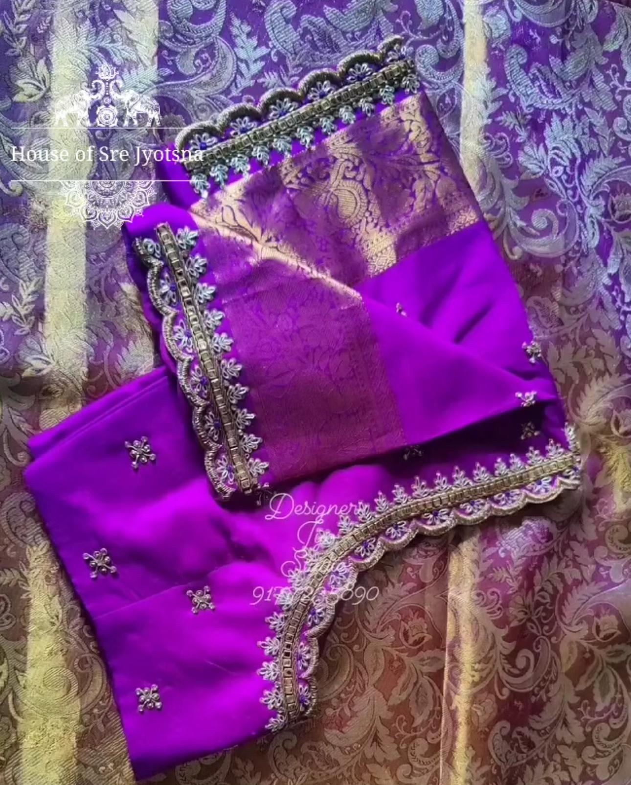 Purple bridal blouse with rich maggam work design