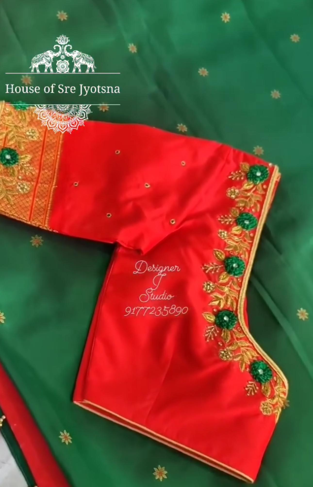 Red blouse sleeve with floral maggam work design