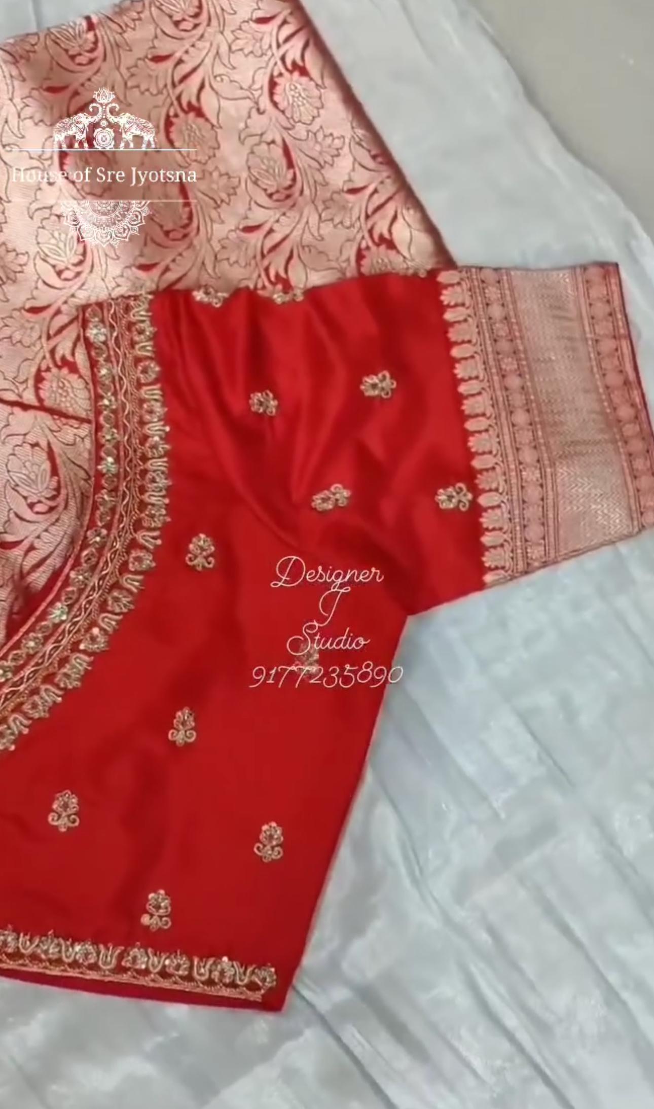 Red blouse sleeve with simple maggam work embroidery