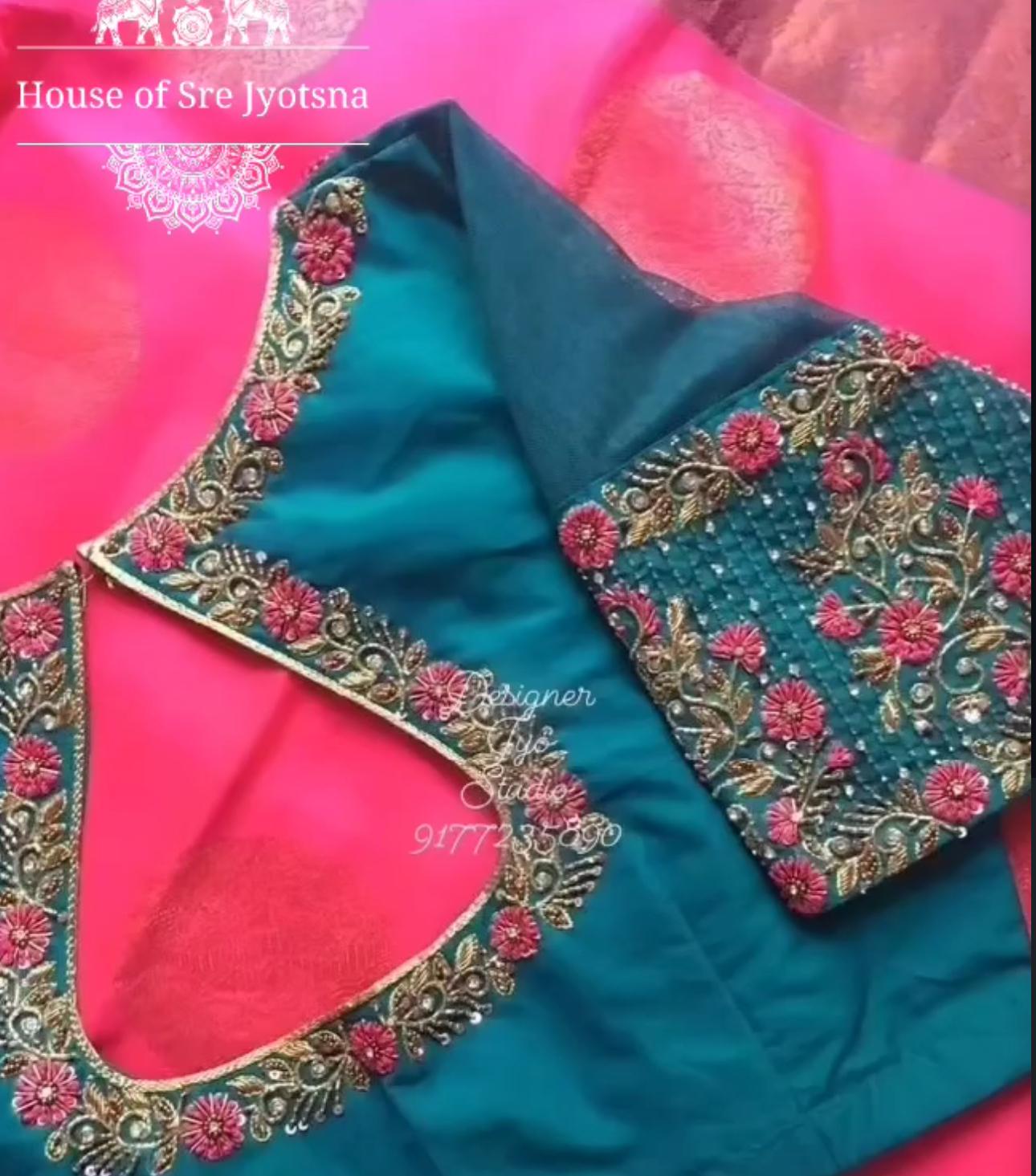 Teal blouse sleeve with floral maggam work embroidery
